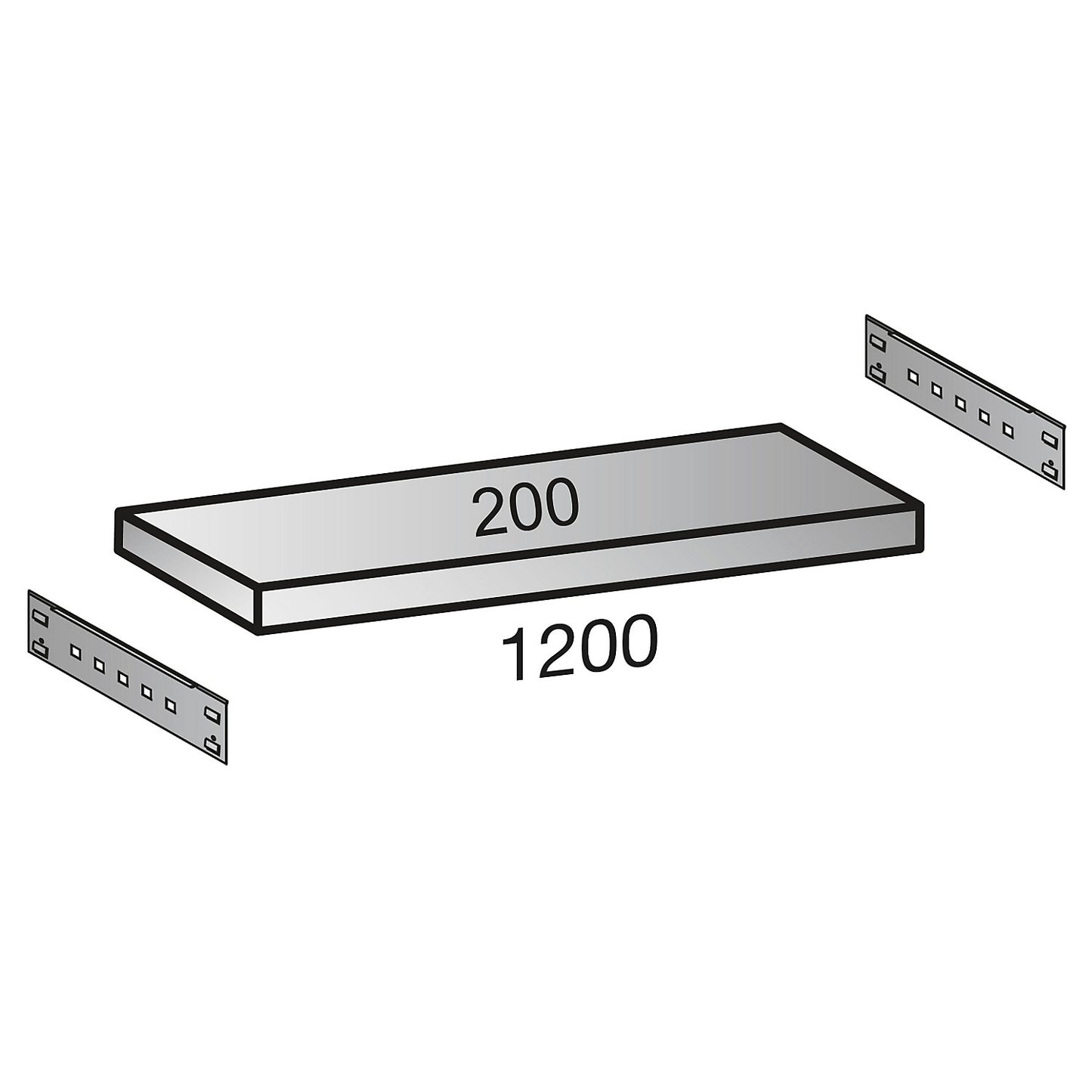 Shelf for industrial boltless shelf unit, shelf width 1200 mm, depth 200 mm.