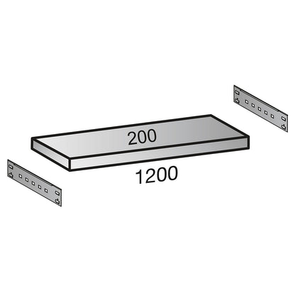 Shelf for industrial boltless shelf unit, shelf width 1200 mm, depth 200 mm.
