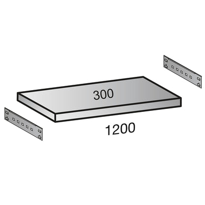 Shelf for industrial boltless shelf unit, shelf width 1200 mm, depth 300 mm.
