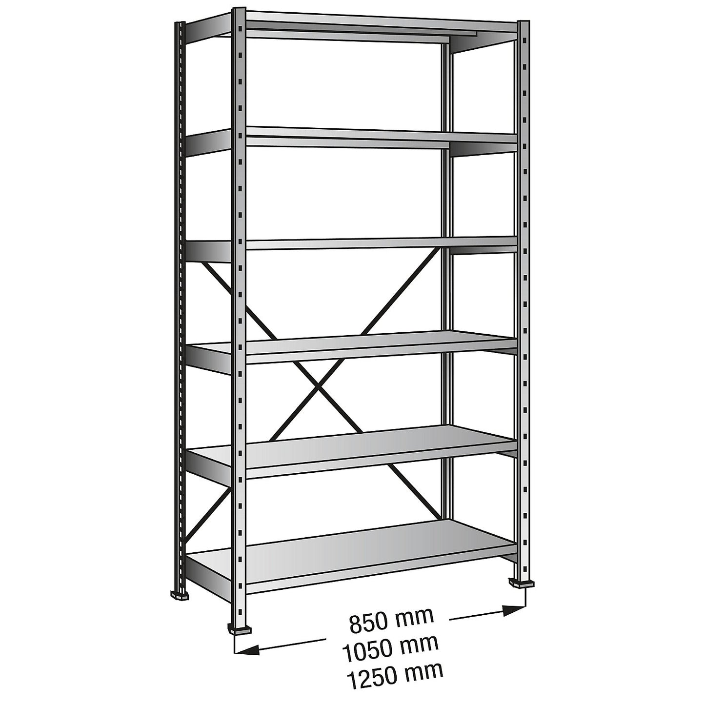 Boltless industrial and storage shelving unit, h 2280 mm, shelf width 1200 mm, 6 shelves, depth 200 mm, standard shelf unit.