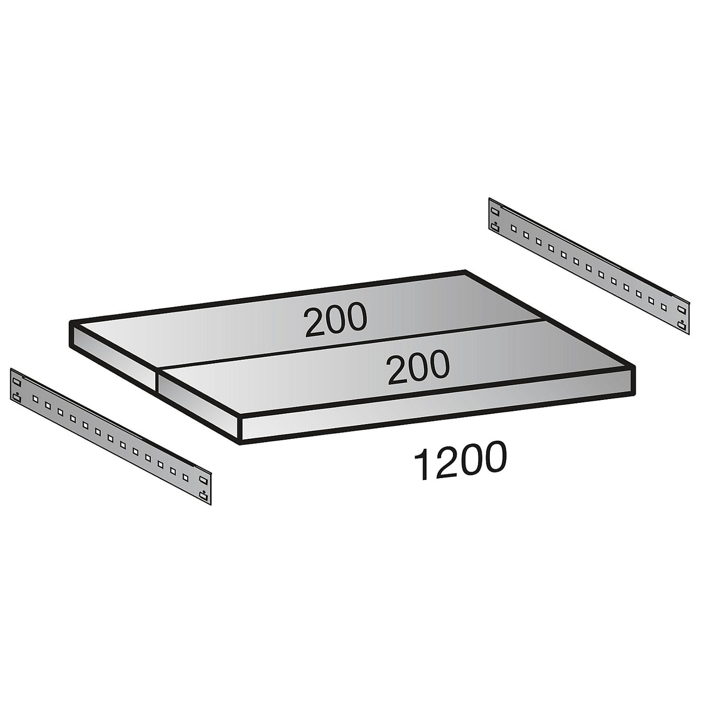 Shelf for industrial boltless shelf unit, shelf width 1200 mm, depth 400 mm.