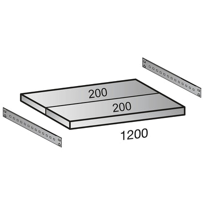 Shelf for industrial boltless shelf unit, shelf width 1200 mm, depth 400 mm.