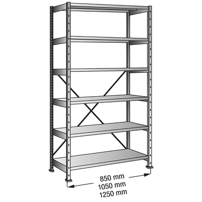 CLEANA boltless shelving unit, standard shelf unit, shelf width 1200 mm, 6 shelves, shelf depth 500 mm, max. shelf load 150 kg.