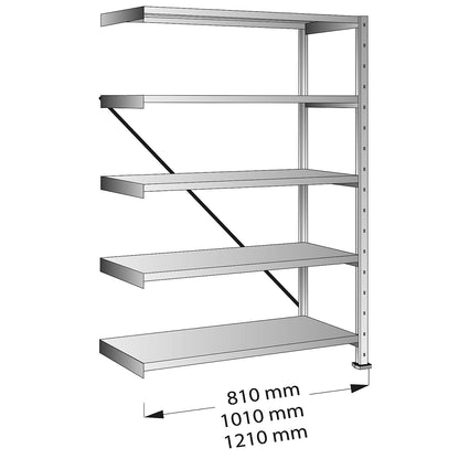 CLEANA boltless shelving unit, extension shelf unit, shelf width 1200 mm, 5 shelves, shelf depth 700 mm, max. shelf load 210 kg.