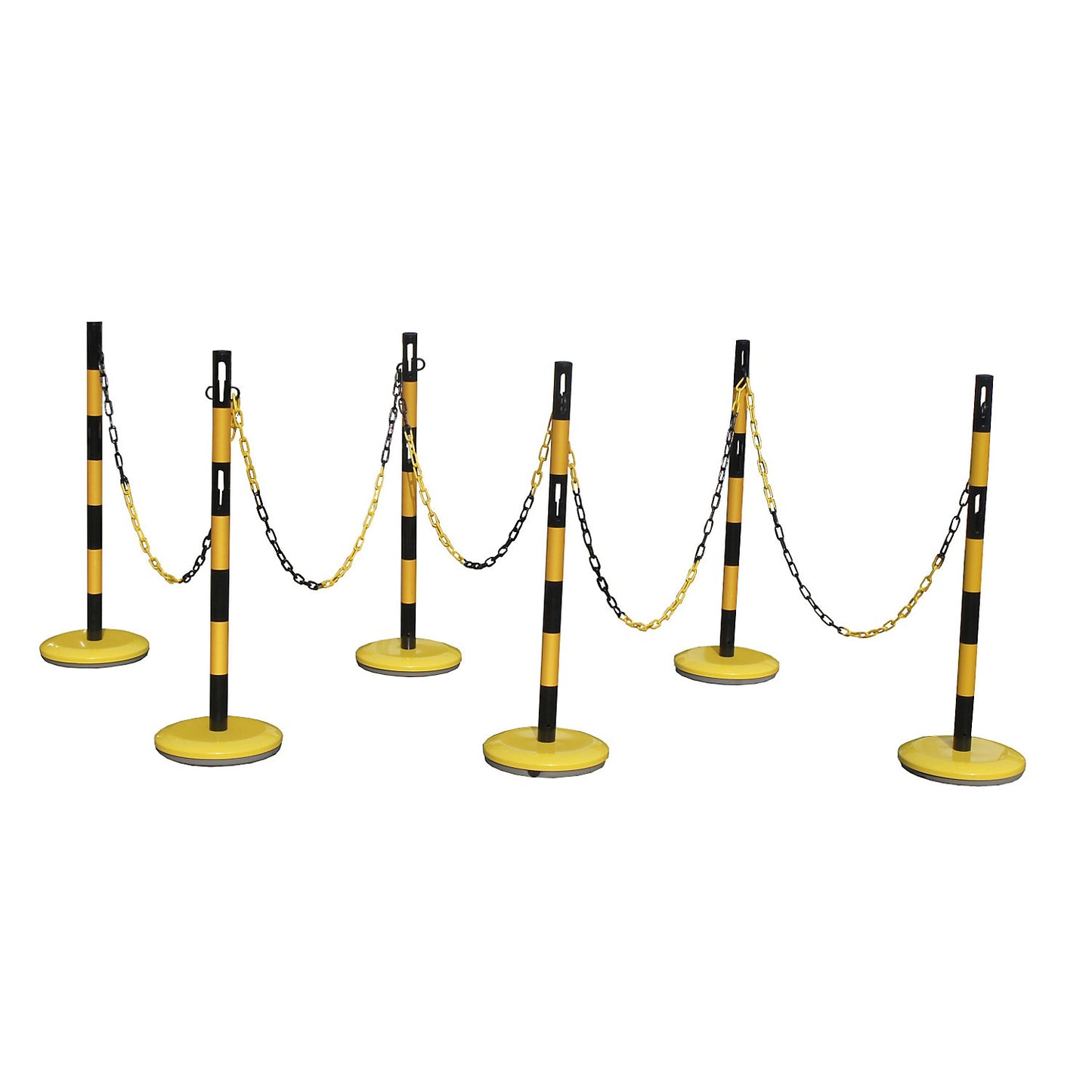 Barrier post set with chain, 6 posts, 15 m chain, yellow / black.