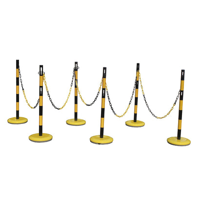 Barrier post set with chain, 6 posts, 15 m chain, yellow / black.