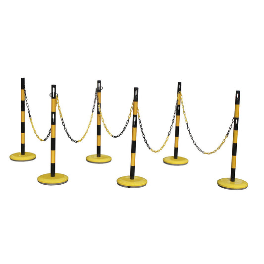 Barrier post set with chain, 6 posts, 15 m chain, yellow / black.
