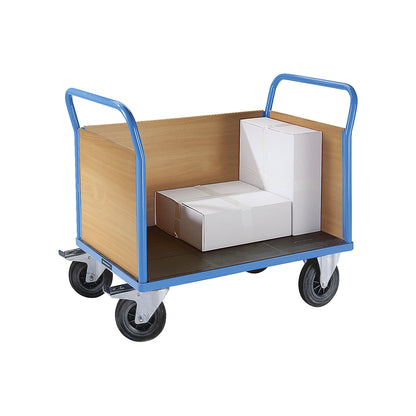 Platform truck with wooden panels, with 3 full height side panels, LxW 1150 x 700 mm, solid rubber.