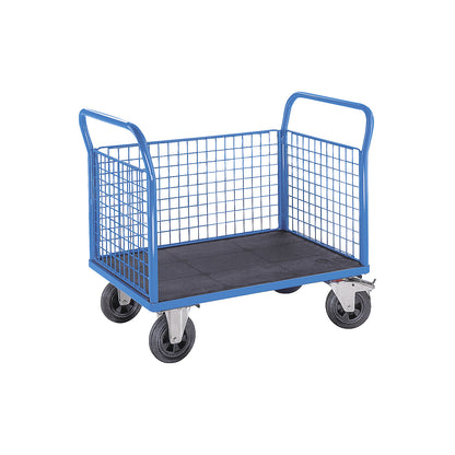Platform truck with mesh panels, 3 high mesh panels, LxW 1050 x 700 mm, solid elastic tyres.