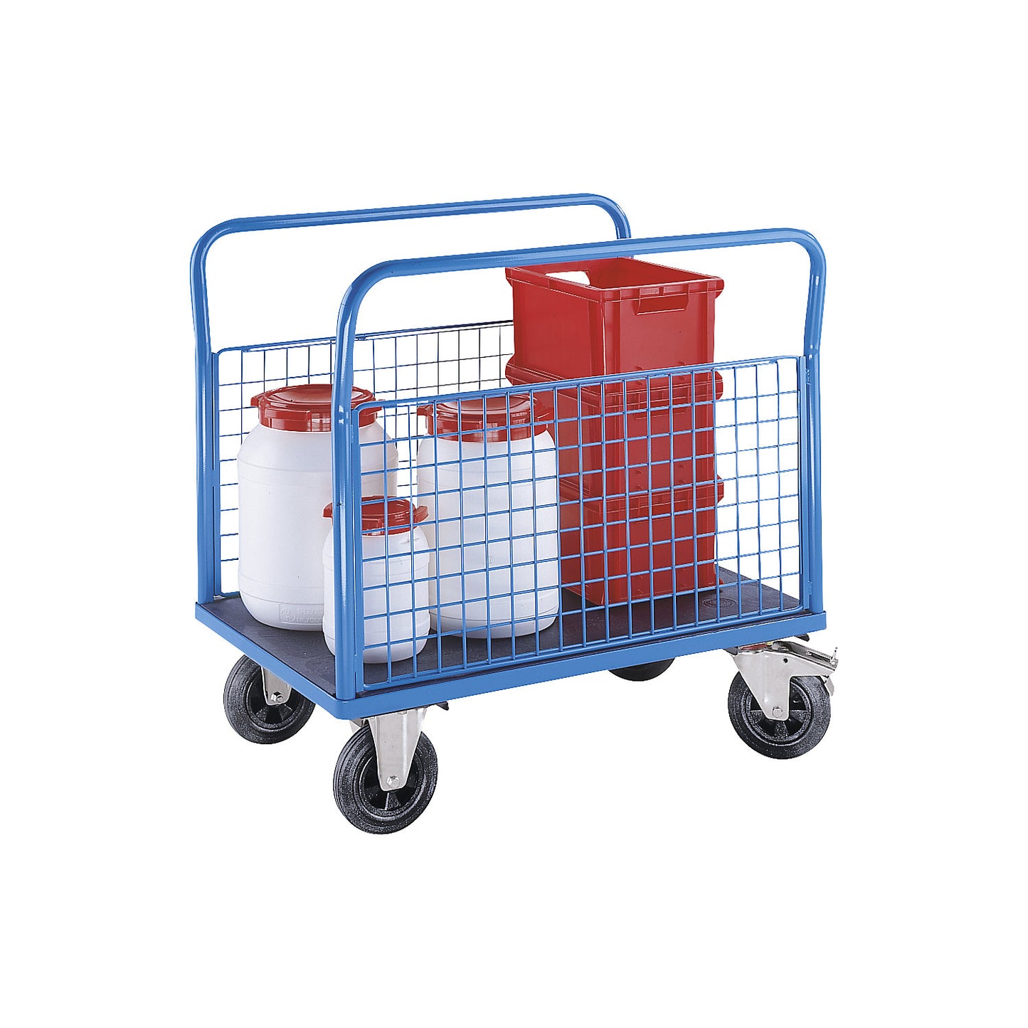 Platform truck with mesh panels, 2 mesh side panels, LxW 1250 x 800 mm, solid rubber tyres.