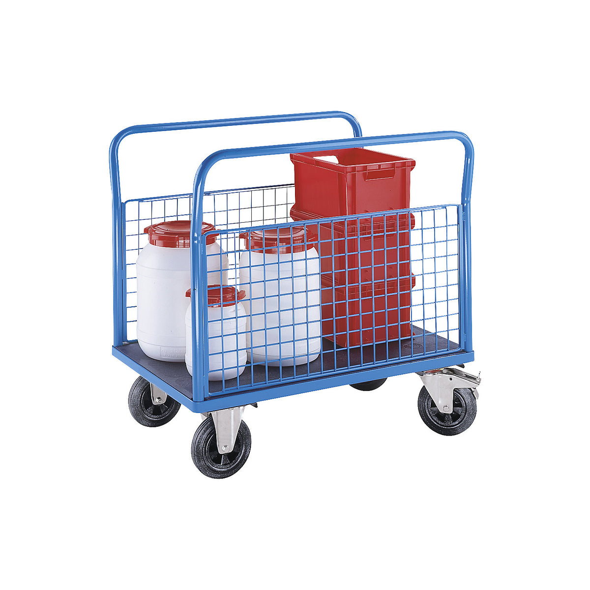 Platform truck with mesh panels, 2 mesh side panels, LxW 1250 x 800 mm, solid elastic tyres.