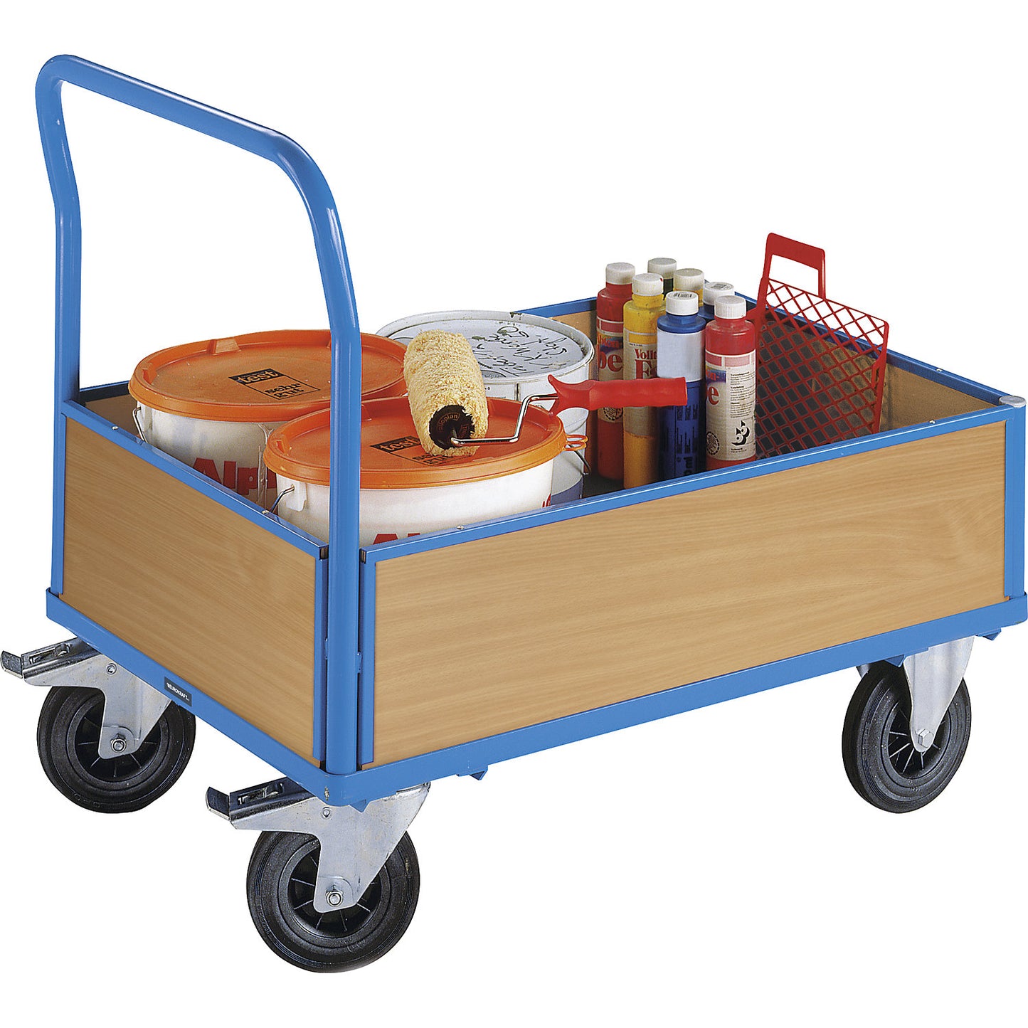Platform truck with wooden panels, with 4 half height side panels, LxW 1050 x 700 mm, solid rubber.