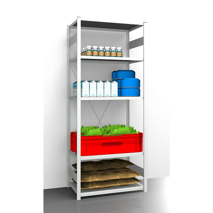 Hygienic boltless shelving unit, shelf unit height 2350 mm, 5 shelves, WxD 1025 x 685 mm, standard shelf unit.
