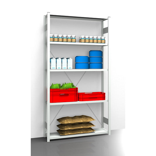 Hygienic boltless shelving unit, shelf unit height 2350 mm, 5 shelves, WxD 1275 x 385 mm, standard shelf unit.