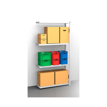 Standard boltless shelving unit, zinc plated, single sided, shelf height 2000 mm, shelf width 965 mm, extension shelf unit, shelf depth 350 mm.