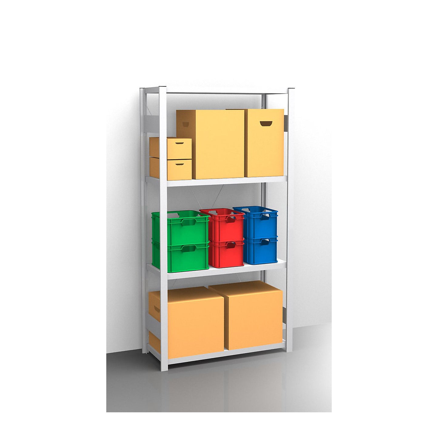Standard boltless shelving unit, zinc plated, single sided, shelf height 2000 mm, shelf width 965 mm, standard shelf unit, shelf depth 450 mm.
