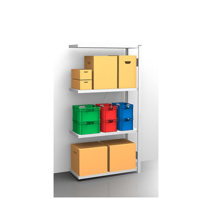Standard boltless shelving unit, zinc plated, single sided, shelf height 2000 mm, shelf width 965 mm, extension shelf unit, shelf depth 450 mm.