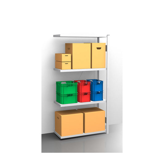 Standard boltless shelving unit, zinc plated, single sided, shelf height 2000 mm, shelf width 965 mm, extension shelf unit, shelf depth 450 mm.
