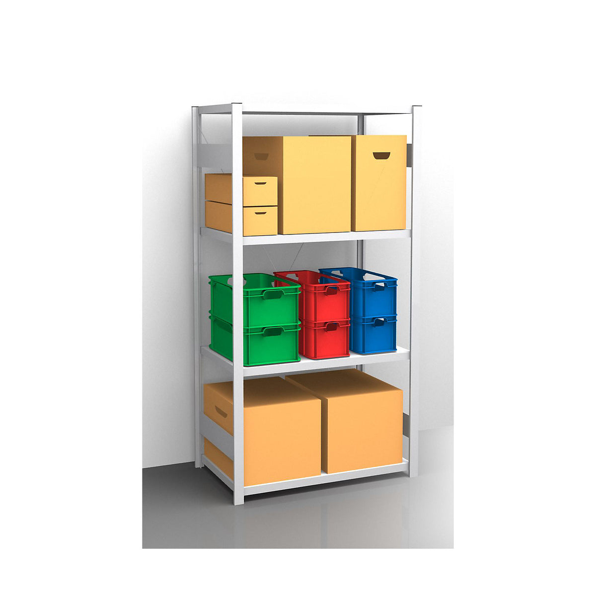 Standard boltless shelving unit, zinc plated, single sided, shelf height 2000 mm, shelf width 965 mm, standard shelf unit, shelf depth 650 mm.