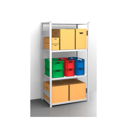 Standard boltless shelving unit, zinc plated, single sided, shelf height 2000 mm, shelf width 965 mm, standard shelf unit, shelf depth 650 mm.