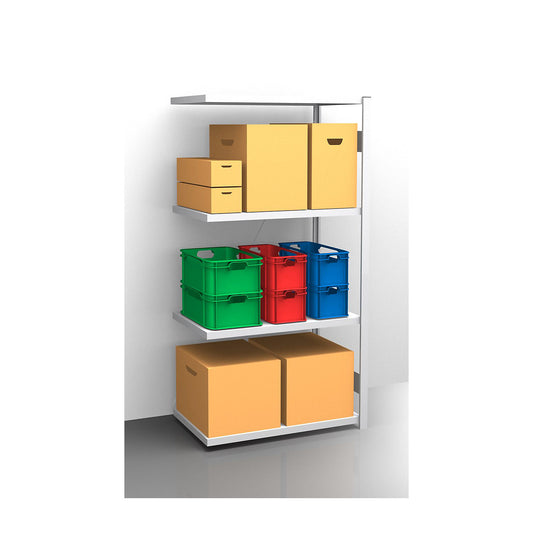 Standard boltless shelving unit, zinc plated, single sided, shelf height 2000 mm, shelf width 965 mm, extension shelf unit, shelf depth 650 mm.