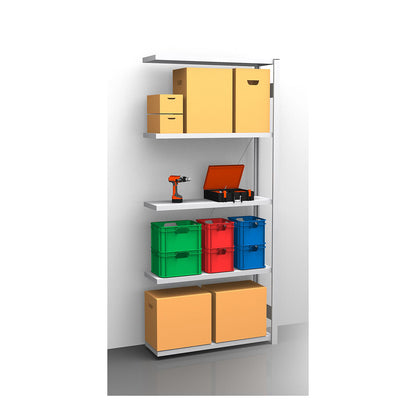 Standard boltless shelving unit, zinc plated, single sided, shelf height 2350 mm, shelf width 965 mm, extension shelf unit, shelf depth 350 mm.
