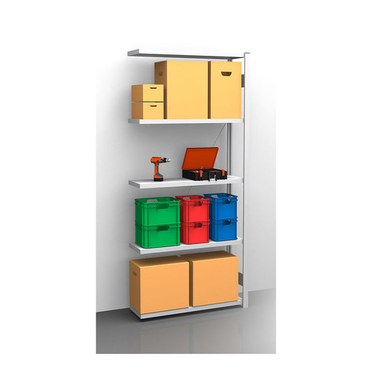Standard boltless shelving unit, zinc plated, single sided, shelf height 2350 mm, shelf width 965 mm, extension shelf unit, shelf depth 350 mm.