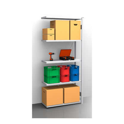 Standard boltless shelving unit, zinc plated, single sided, shelf height 2350 mm, shelf width 965 mm, extension shelf unit, shelf depth 450 mm.