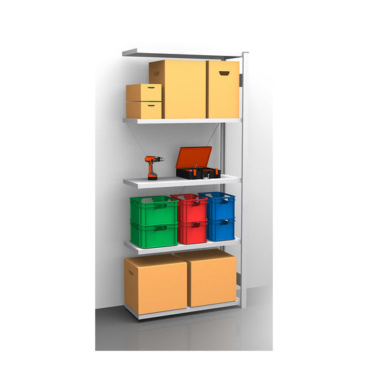 Standard boltless shelving unit, zinc plated, single sided, shelf height 2350 mm, shelf width 965 mm, extension shelf unit, shelf depth 450 mm.