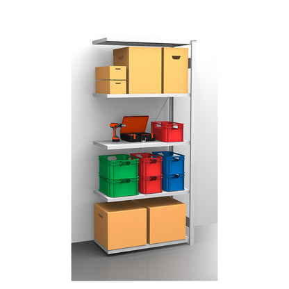 Standard boltless shelving unit, zinc plated, single sided, shelf height 2350 mm, shelf width 965 mm, extension shelf unit, shelf depth 550 mm.