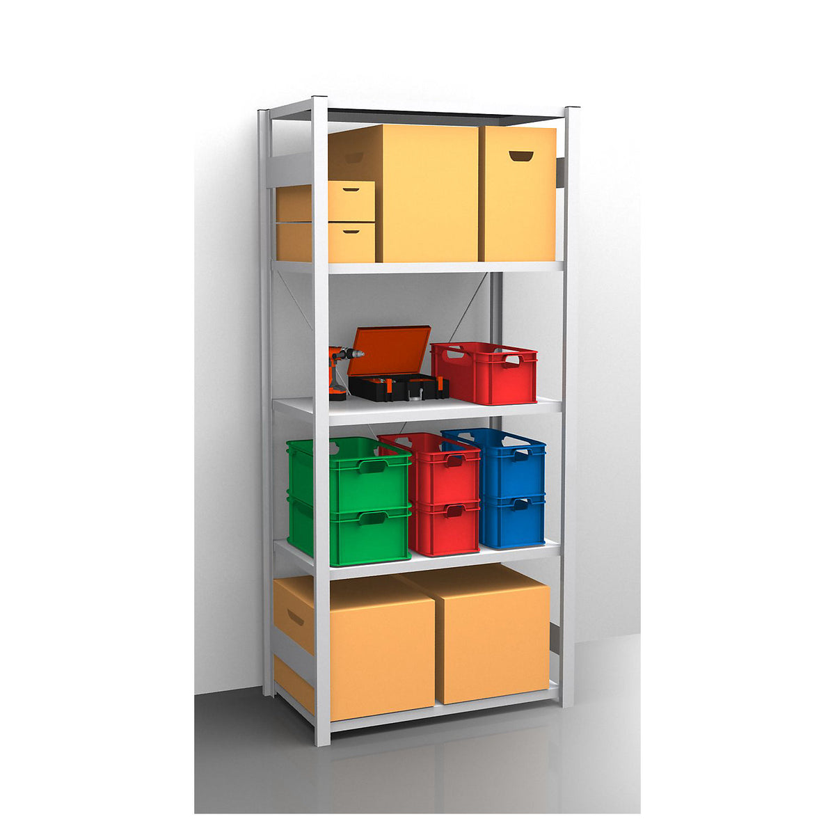Standard boltless shelving unit, zinc plated, single sided, shelf height 2350 mm, shelf width 965 mm, standard shelf unit, shelf depth 650 mm.
