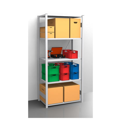 Standard boltless shelving unit, zinc plated, single sided, shelf height 2350 mm, shelf width 965 mm, standard shelf unit, shelf depth 650 mm.