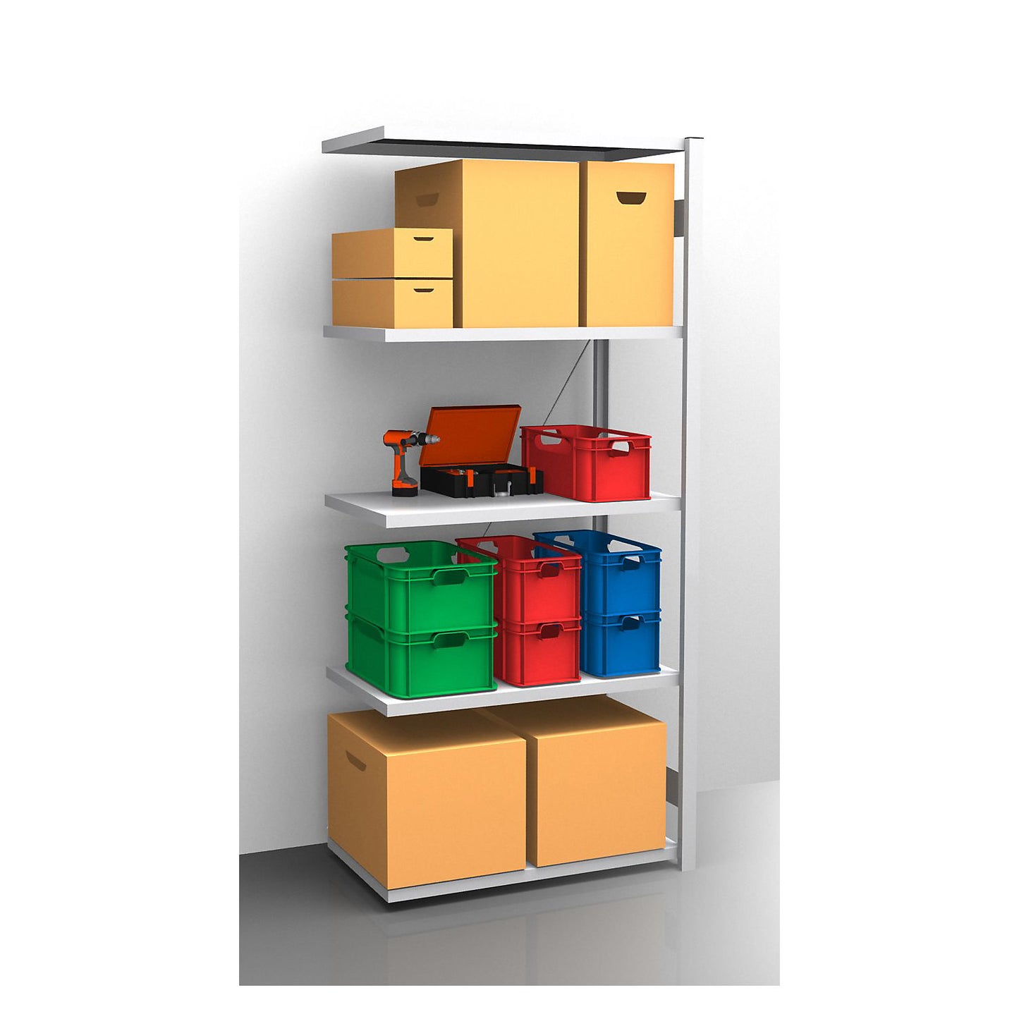 Standard boltless shelving unit, zinc plated, single sided, shelf height 2350 mm, shelf width 965 mm, extension shelf unit, shelf depth 650 mm.