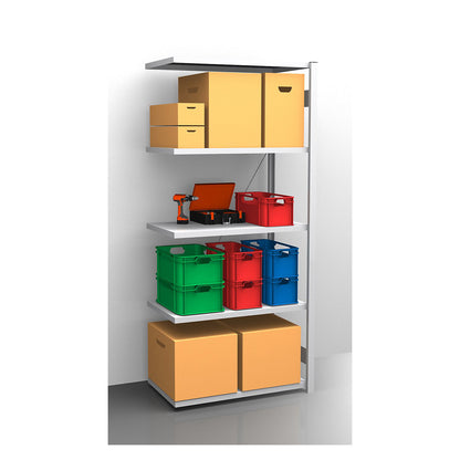 Standard boltless shelving unit, zinc plated, single sided, shelf height 2350 mm, shelf width 965 mm, extension shelf unit, shelf depth 650 mm.