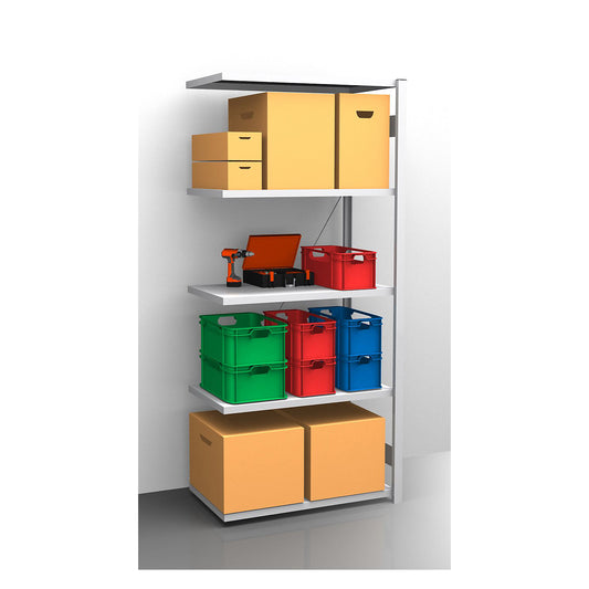 Standard boltless shelving unit, zinc plated, single sided, shelf height 2350 mm, shelf width 965 mm, extension shelf unit, shelf depth 650 mm.