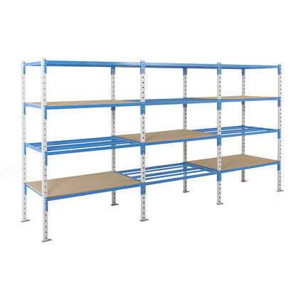 Tubular boltless shelving unit, shelf unit height 2496 mm, shelf width 960 mm, extension shelf unit, shelf width 995 mm.