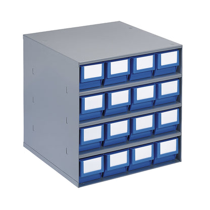 Drawer cabinet, max. housing load 75 kg, HxWxD 395 x 376 x 400 mm, 16 drawers, blue drawers.