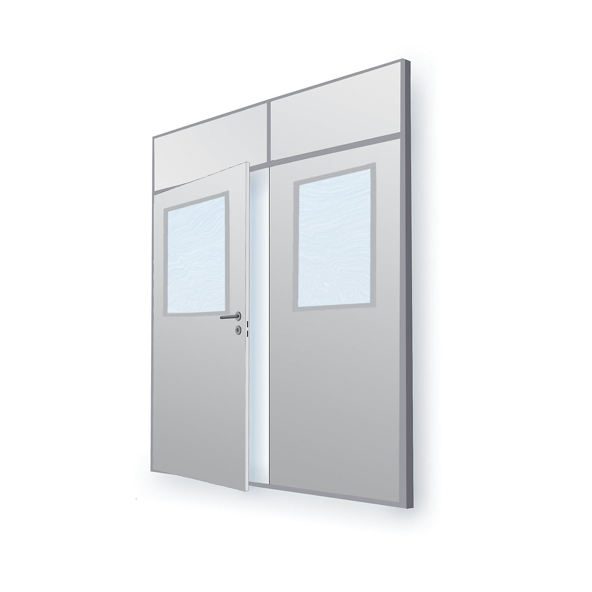 Flexible partition system, wall thickness 82 mm, double door section, HxW 2093 x 1789 mm, with window.