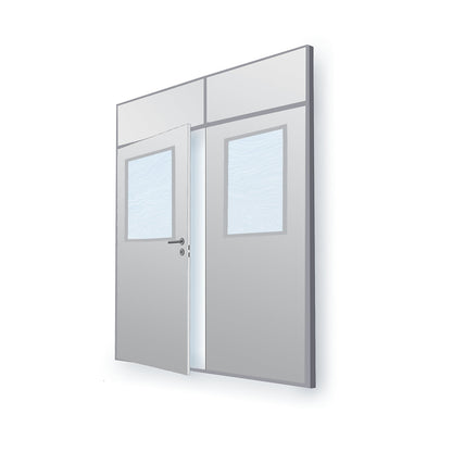 Flexible partition system, wall thickness 82 mm, double door section, HxW 2093 x 1789 mm, with window.