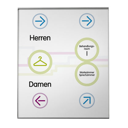 GLASGOW™ direction sign, A4 portrait, HxW 303 x 213 mm, visible area HxW 294 x 210 mm.