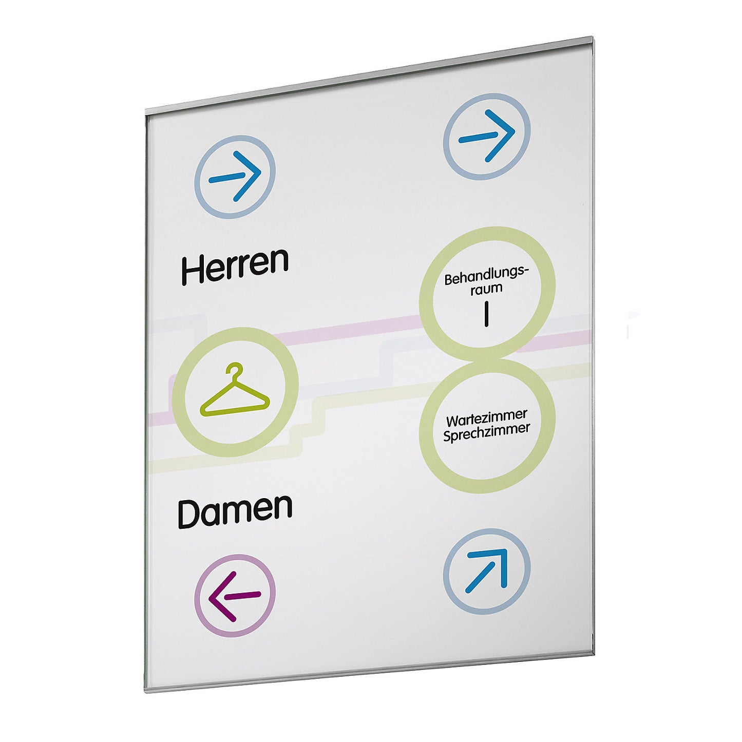 GLASGOW™ direction sign, A4 portrait, HxW 303 x 213 mm, visible area HxW 294 x 210 mm.