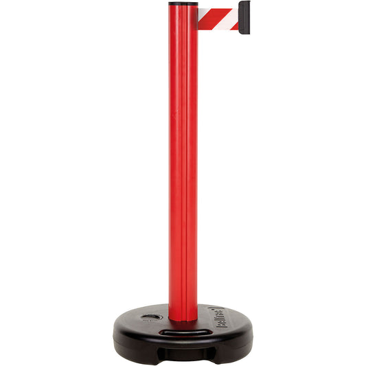 Belt barrier made of plastic, belt extends to max. 3700 mm, post red, belt red / white.