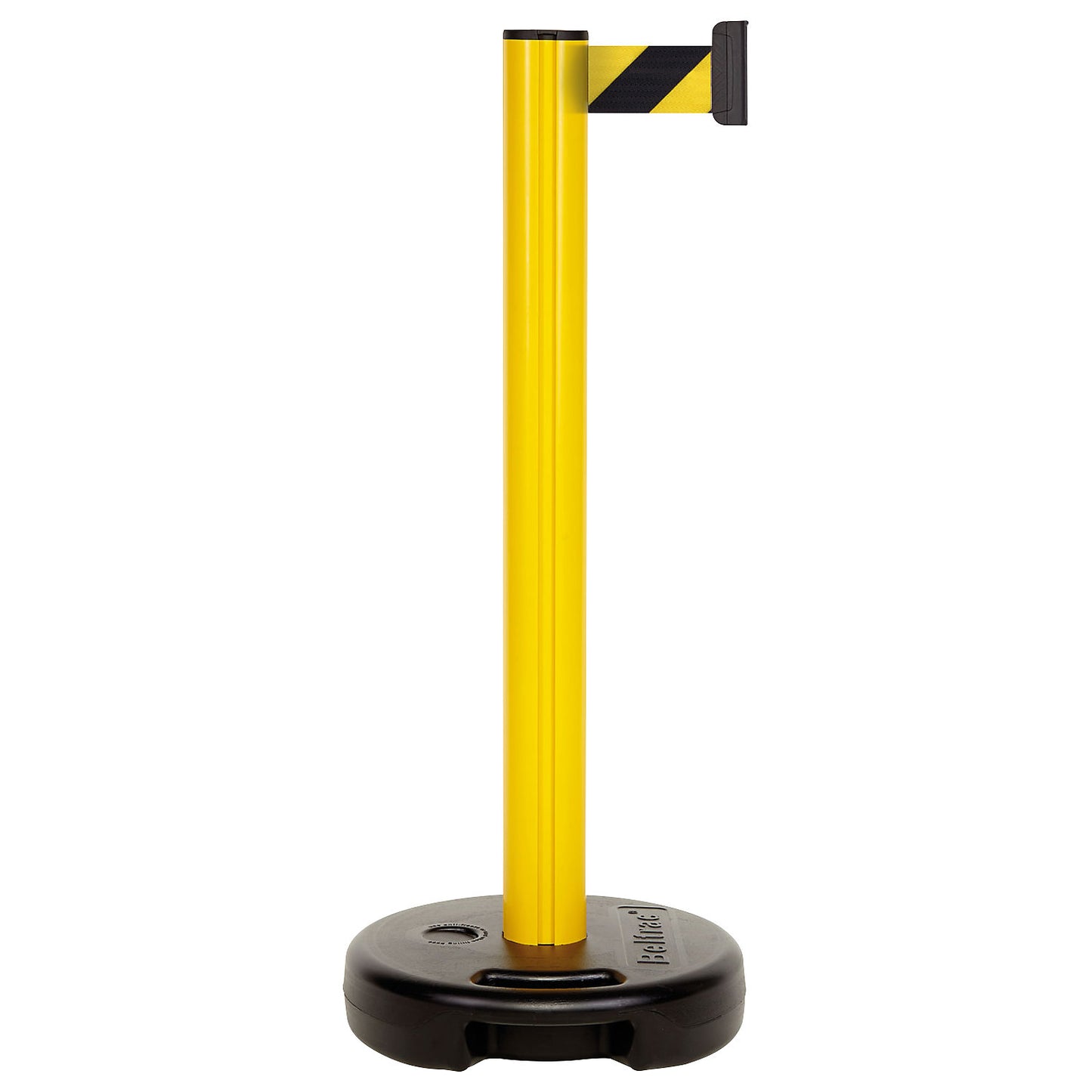 Belt barrier made of plastic, belt extends to max. 3700 mm, post yellow, belt yellow / black.