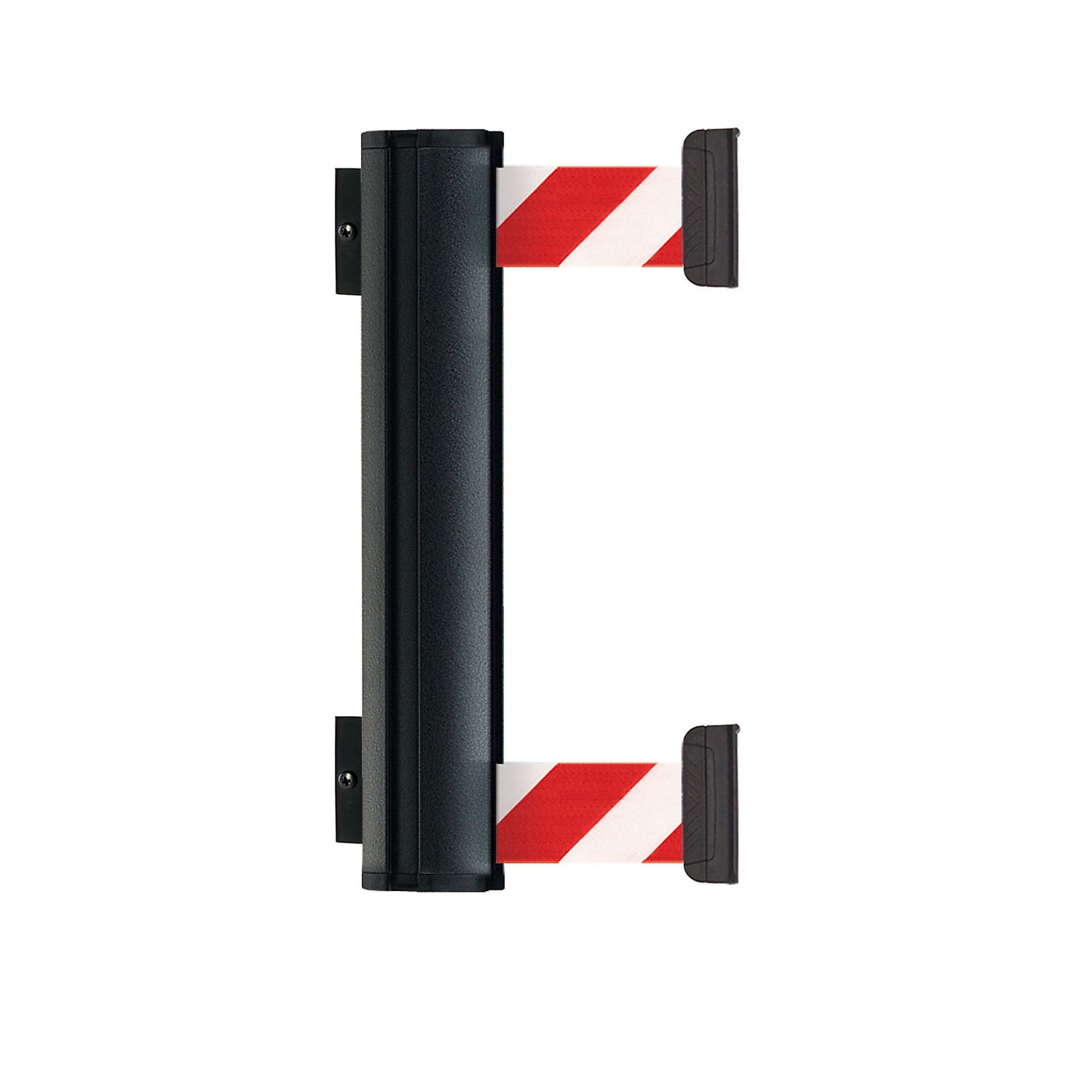 DOUBLE tape belt barrier made of aluminium, belt extends to max. 2300 mm, red / white belt.