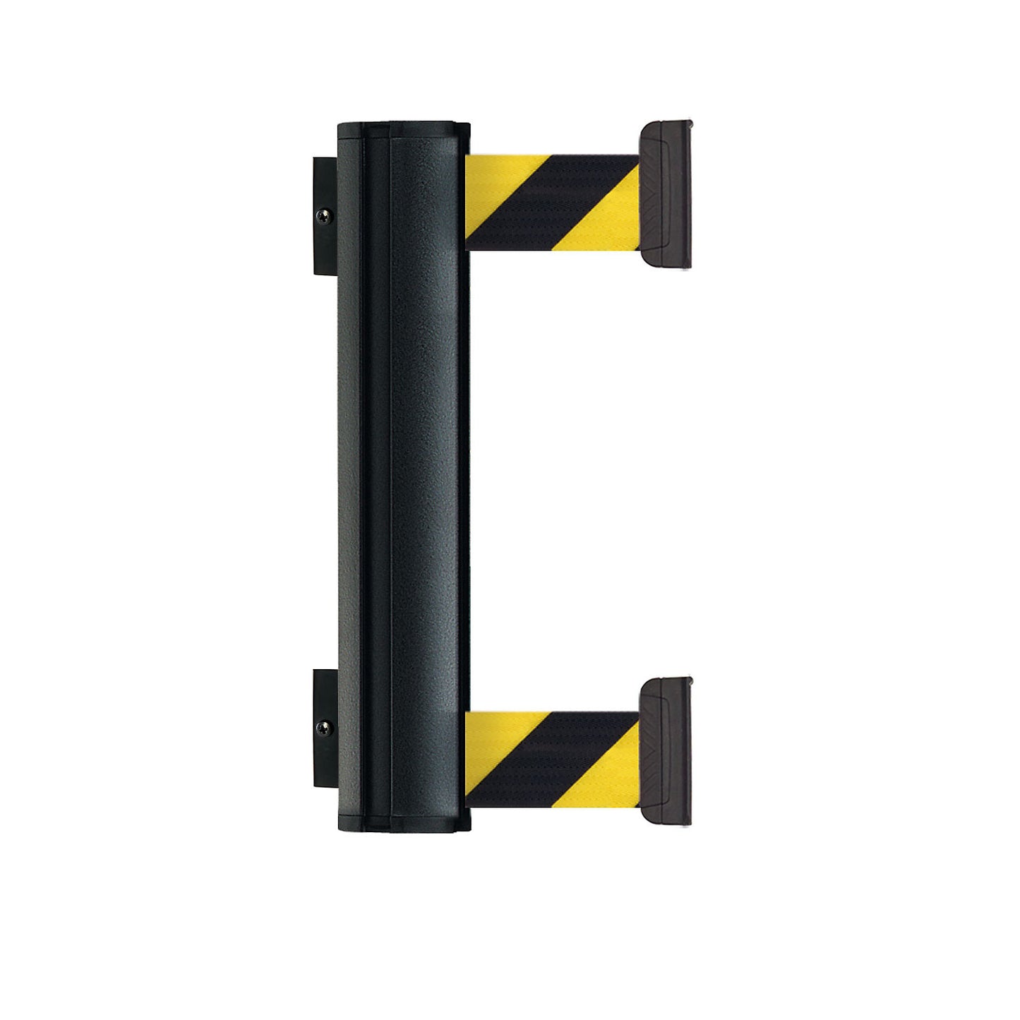 DOUBLE tape belt barrier made of aluminium, belt extends to max. 2300 mm, black / yellow belt.