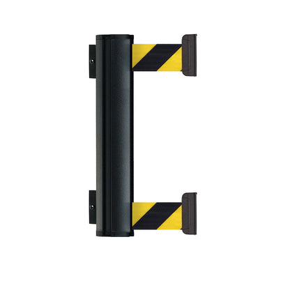 DOUBLE tape belt barrier made of aluminium, belt extends to max. 2300 mm, black / yellow belt.