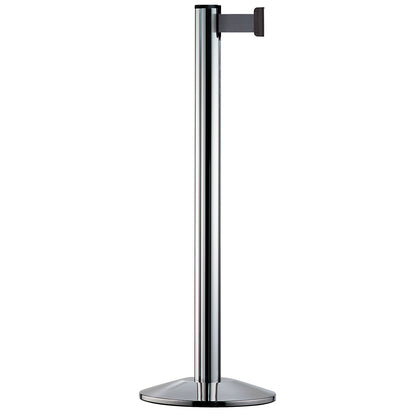 Belt post made of aluminium, post polished chrome, extends 2300 mm, belt colour silver grey.