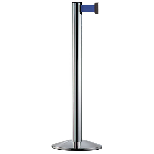 Belt post made of aluminium, post polished chrome, extends 2300 mm, belt colour blue.