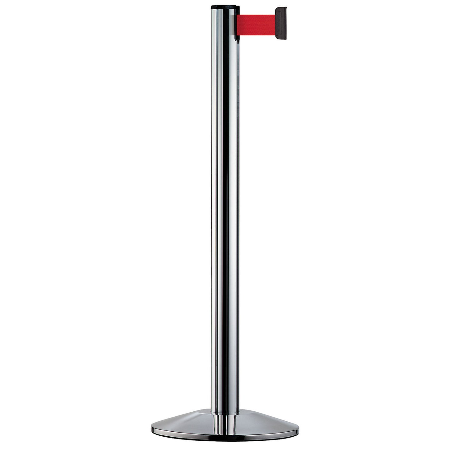 Belt post made of aluminium, post polished chrome, extends 2300 mm, belt colour red.