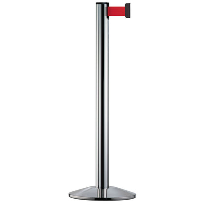 Belt post made of aluminium, post polished chrome, extends 2300 mm, belt colour red.